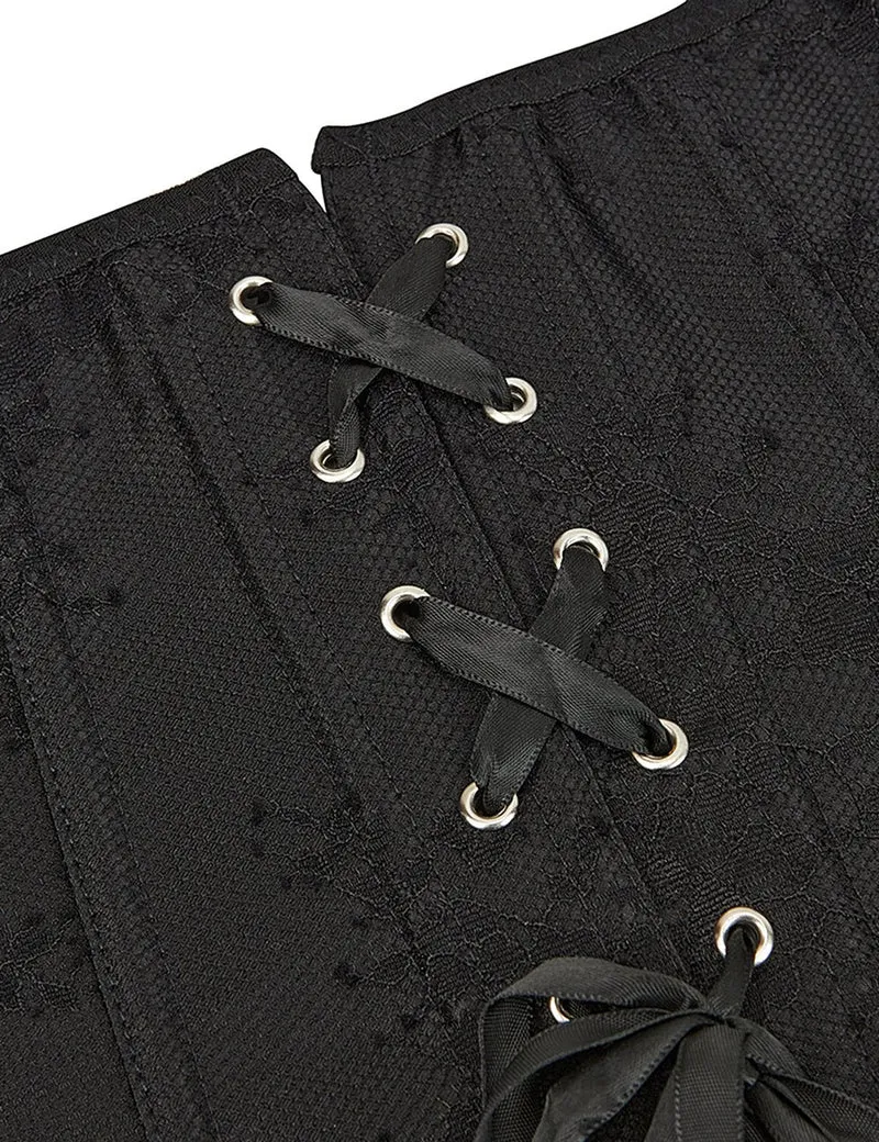 Schwarzes schulterfreies Korsett aus Satin und Spitze mit Rüschenschleife