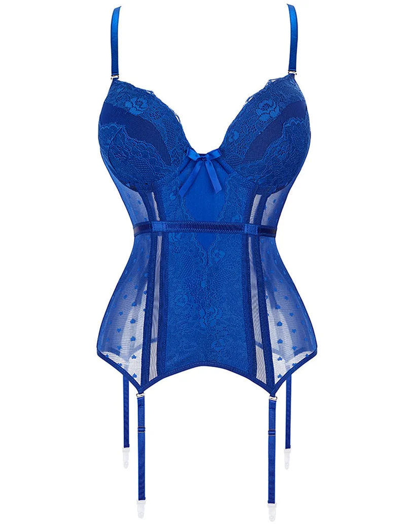 Korsett aus blauem Satin und Spitze – mit Stahlstäben, Strumpfhaltern und 8 Stäben