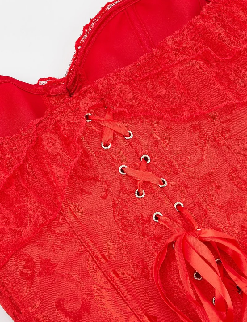Rotes One-Shoulder-Spitzenkorsett – 12 weiche Stäbchen, Busk-Verschluss & Höschen