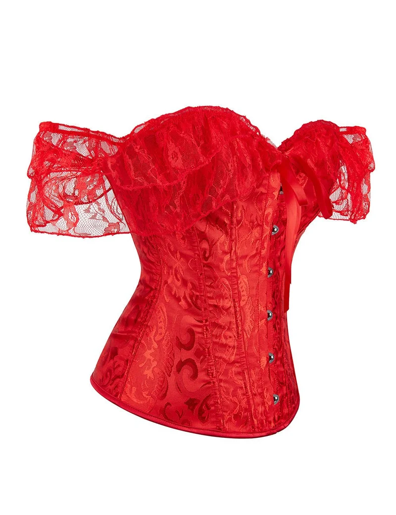 Rotes One-Shoulder-Spitzenkorsett – 12 weiche Stäbchen, Busk-Verschluss & Höschen