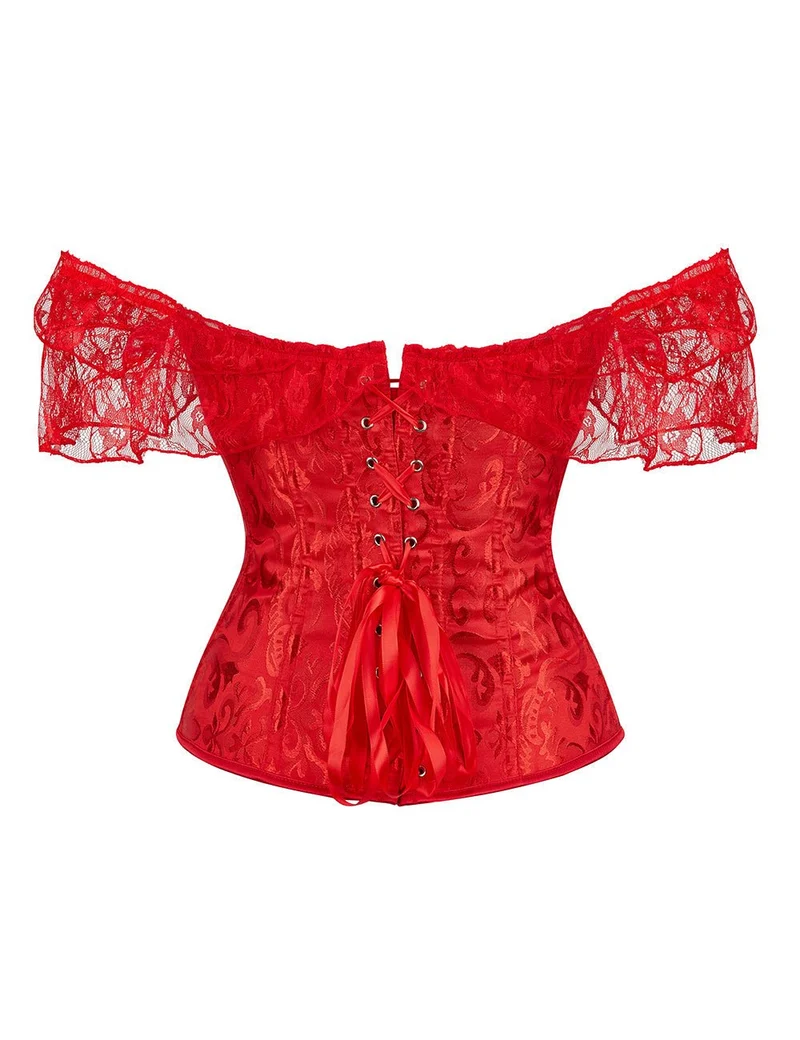 Rotes One-Shoulder-Spitzenkorsett – 12 weiche Stäbchen, Busk-Verschluss & Höschen