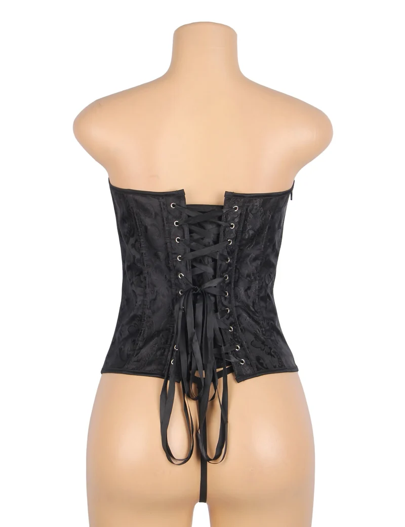 Schwarzes, trägerloses Jacquard-Korsett – 12 Stäbchen, seitlicher Reißverschluss und Schnürung am Rücken