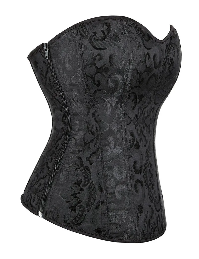 Schwarzes, trägerloses Jacquard-Korsett – 12 Stäbchen, seitlicher Reißverschluss und Schnürung am Rücken