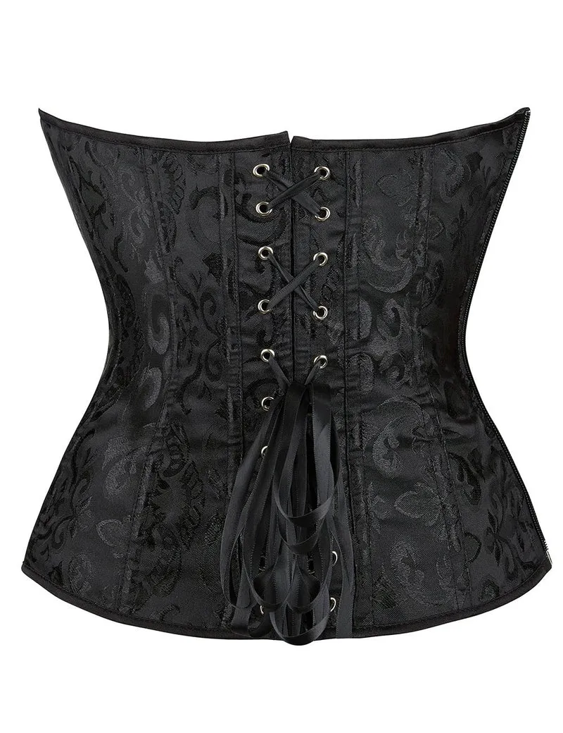 Schwarzes, trägerloses Jacquard-Korsett – 12 Stäbchen, seitlicher Reißverschluss und Schnürung am Rücken