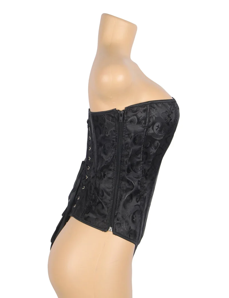 Schwarzes, trägerloses Jacquard-Korsett – 12 Stäbchen, seitlicher Reißverschluss und Schnürung am Rücken
