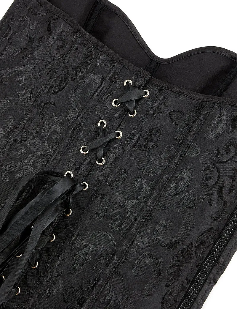 Schwarzes, trägerloses Jacquard-Korsett – 12 Stäbchen, seitlicher Reißverschluss und Schnürung am Rücken