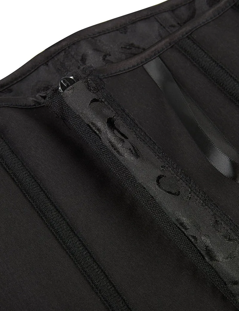 Schwarzes, trägerloses Jacquard-Korsett – 12 Stäbchen, seitlicher Reißverschluss und Schnürung am Rücken
