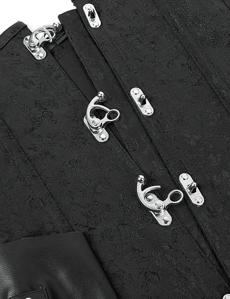 Schwarzes Jacquard-Korsett – Einsätze aus Kunstleder, 12 Stahlstäbe und Busk-Verschluss