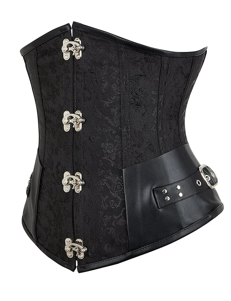 Schwarzes Jacquard-Korsett – Einsätze aus Kunstleder, 12 Stahlstäbe und Busk-Verschluss