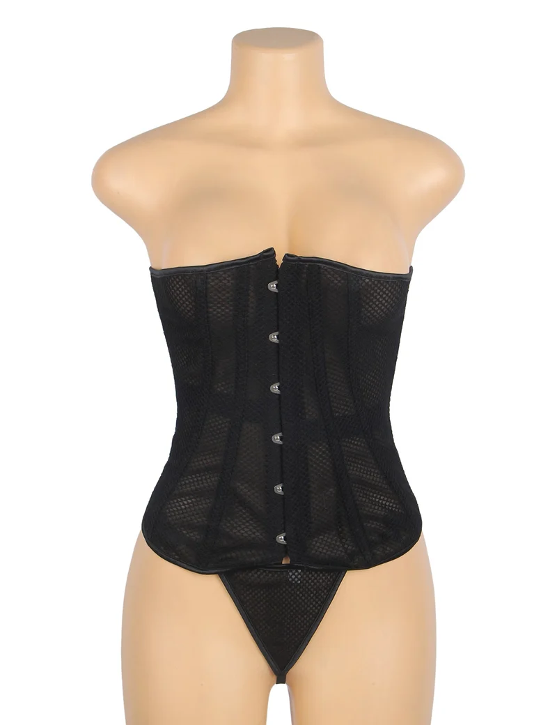 Schwarzes, trägerloses Netz-Korsett – 12 weiche Stäbchen, Druckknopfverschluss vorne & G-String