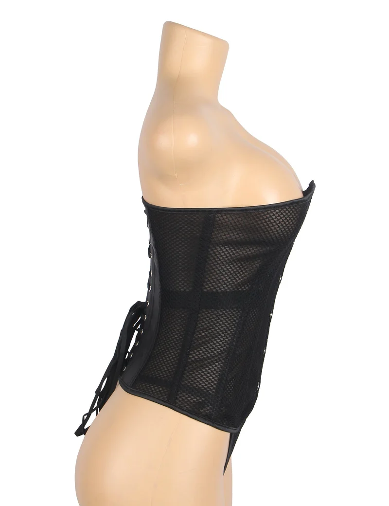 Schwarzes, trägerloses Netz-Korsett – 12 weiche Stäbchen, Druckknopfverschluss vorne & G-String
