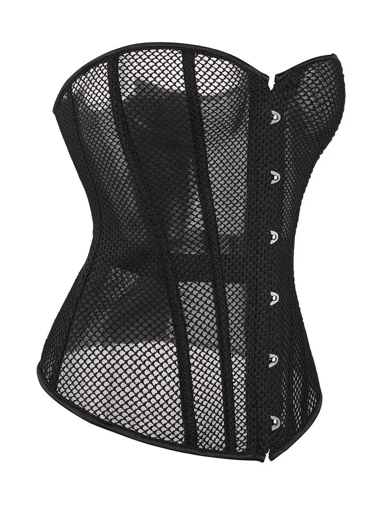 Schwarzes, trägerloses Netz-Korsett – 12 weiche Stäbchen, Druckknopfverschluss vorne & G-String