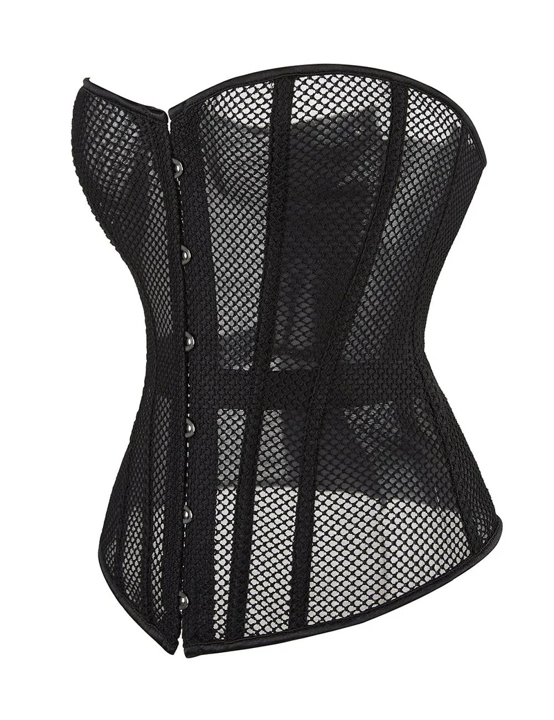 Schwarzes, trägerloses Netz-Korsett – 12 weiche Stäbchen, Druckknopfverschluss vorne & G-String