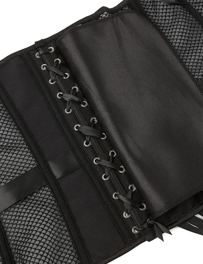 Schwarzes, trägerloses Netz-Korsett – 12 weiche Stäbchen, Druckknopfverschluss vorne & G-String