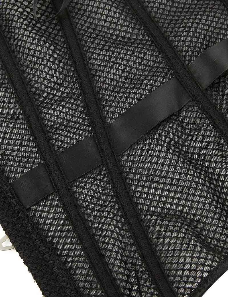 Schwarzes, trägerloses Netz-Korsett – 12 weiche Stäbchen, Druckknopfverschluss vorne & G-String