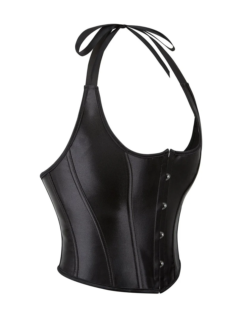 Schwarzes Satin-Halter-Tank-Korsett – 12 weiche Stäbchen & gekreuzte Rückenträger