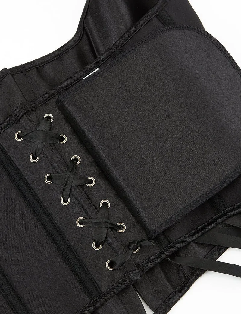 Schwarzes Satin-Halter-Tank-Korsett – 12 weiche Stäbchen & gekreuzte Rückenträger