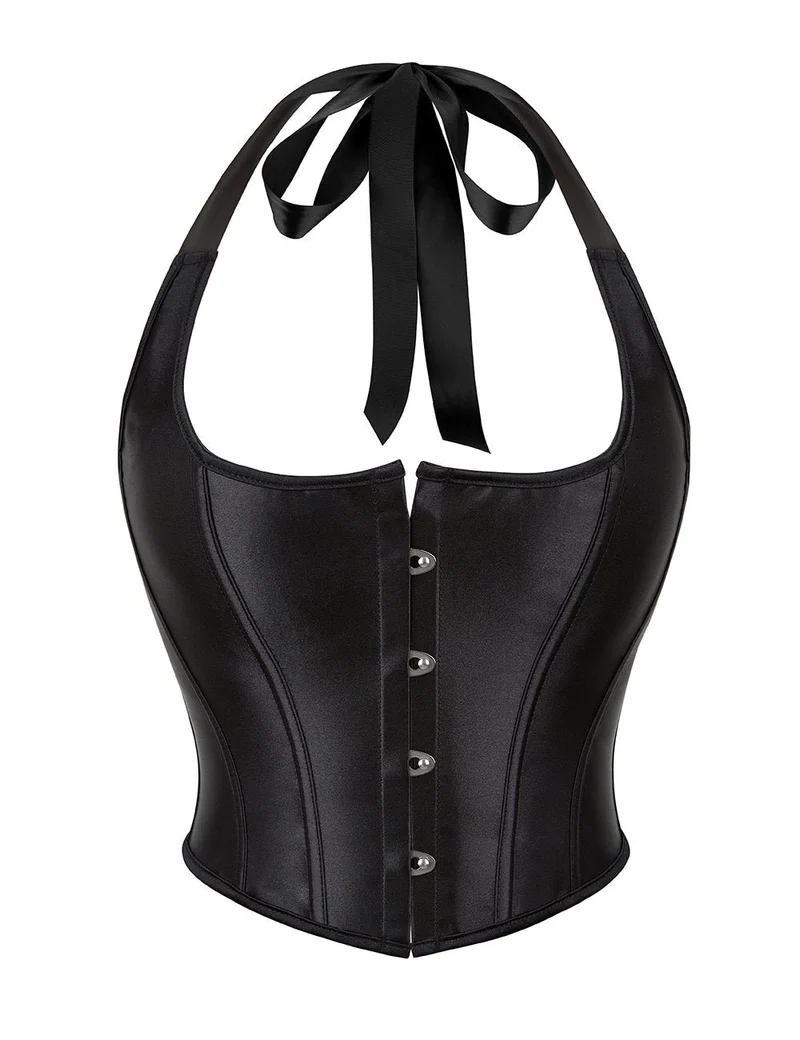 Schwarzes Satin-Halter-Tank-Korsett – 12 weiche Stäbchen & gekreuzte Rückenträger