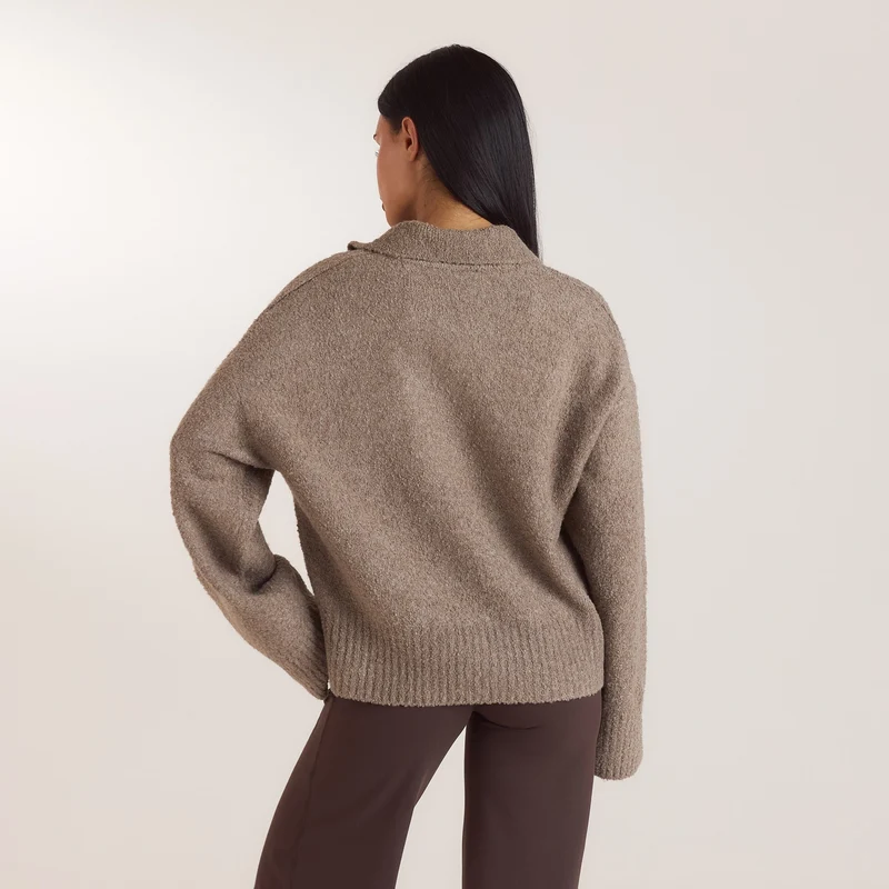 Bouclé Knitted Polo Jumper - Taupe