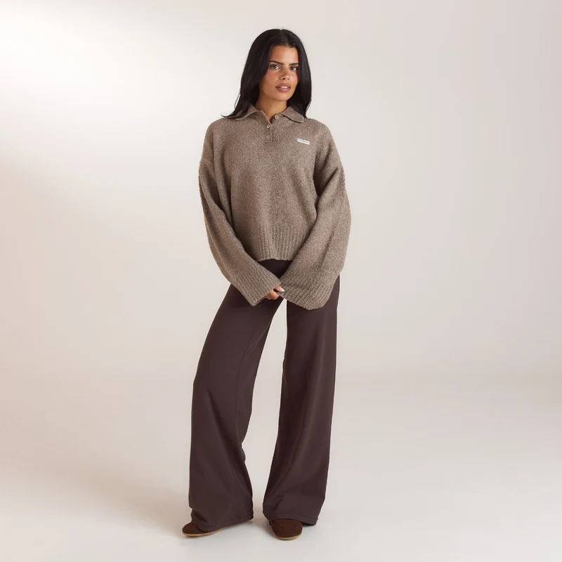 Bouclé Knitted Polo Jumper - Taupe