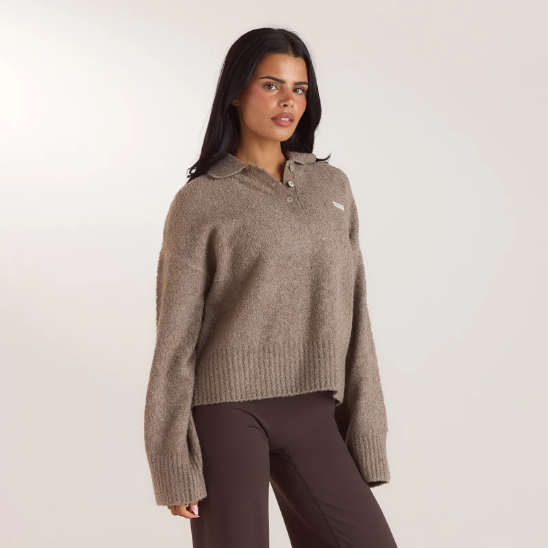 Bouclé Knitted Polo Jumper - Taupe