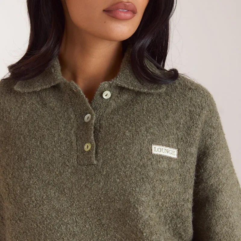 Bouclé Knitted Polo Jumper - Khaki