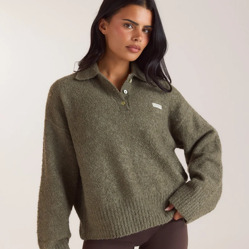 Bouclé Knitted Polo Jumper - Khaki
