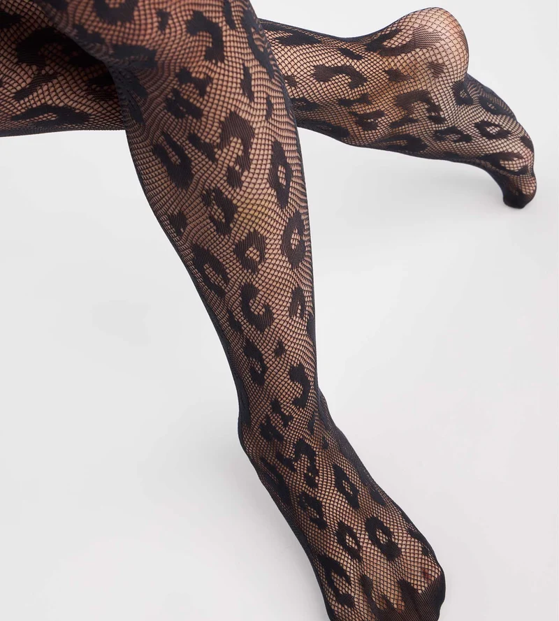Fantasie-Strumpfhose „Leopard“ mit schwarzem Netzmuster, 30D, Style