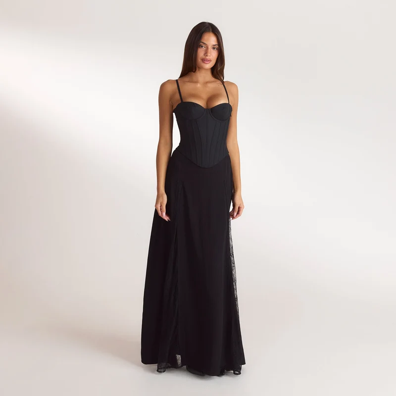 Lace Panel Maxi Skirt - Black