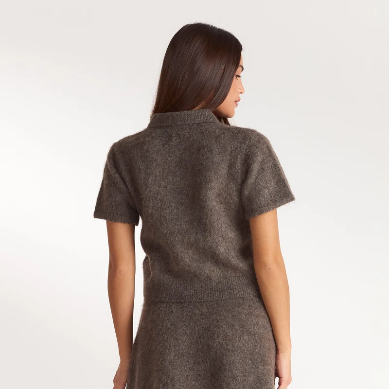 Knitted Polo Top - Ash Brown