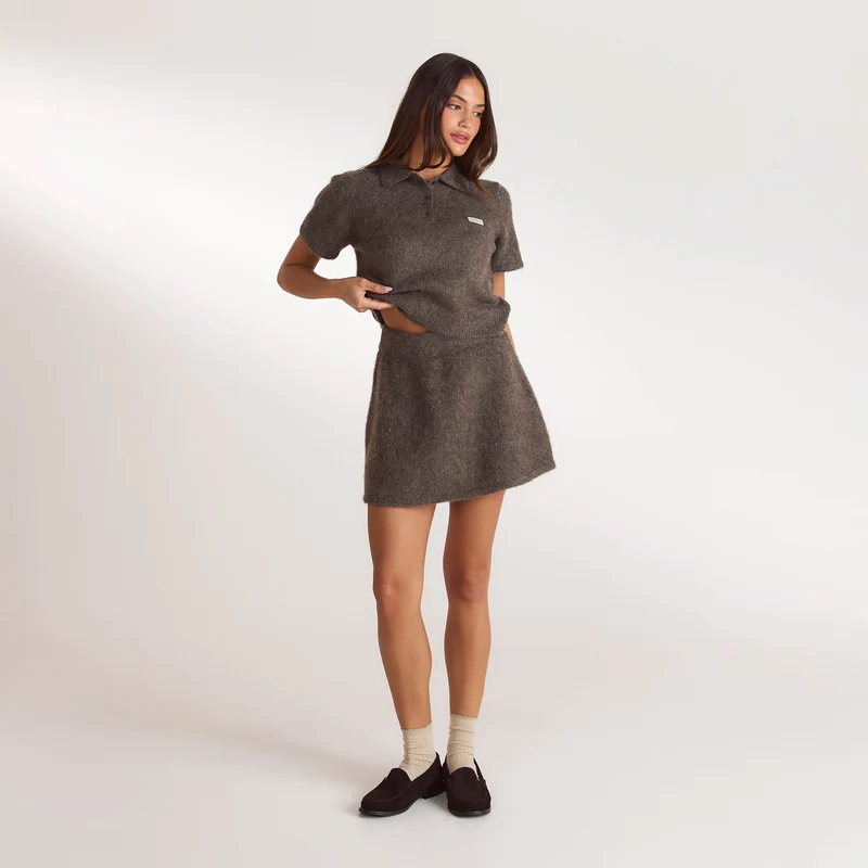 Knitted Polo Top - Ash Brown