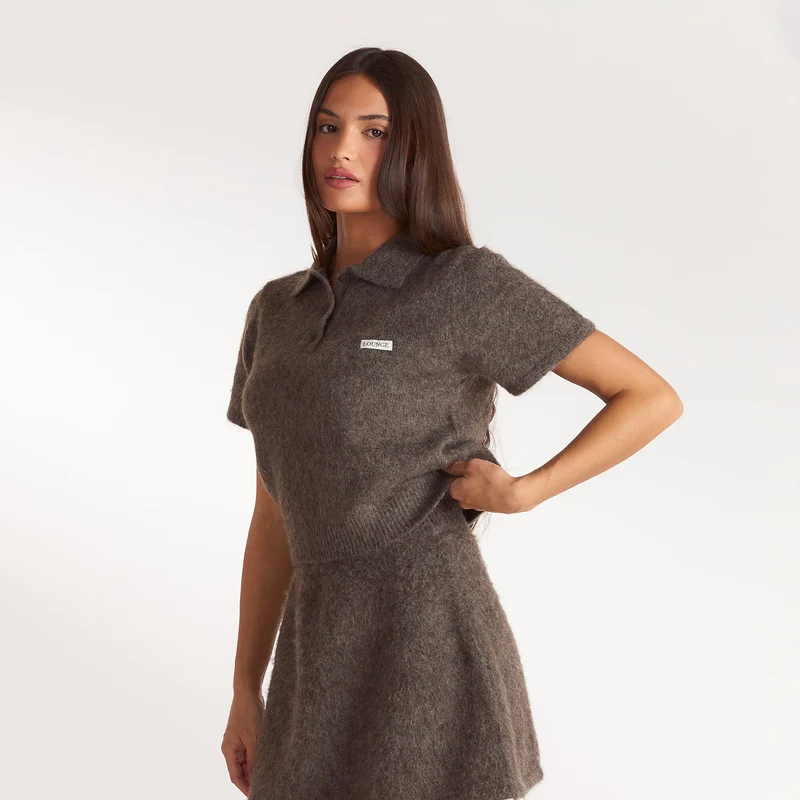 Knitted Polo Top - Ash Brown