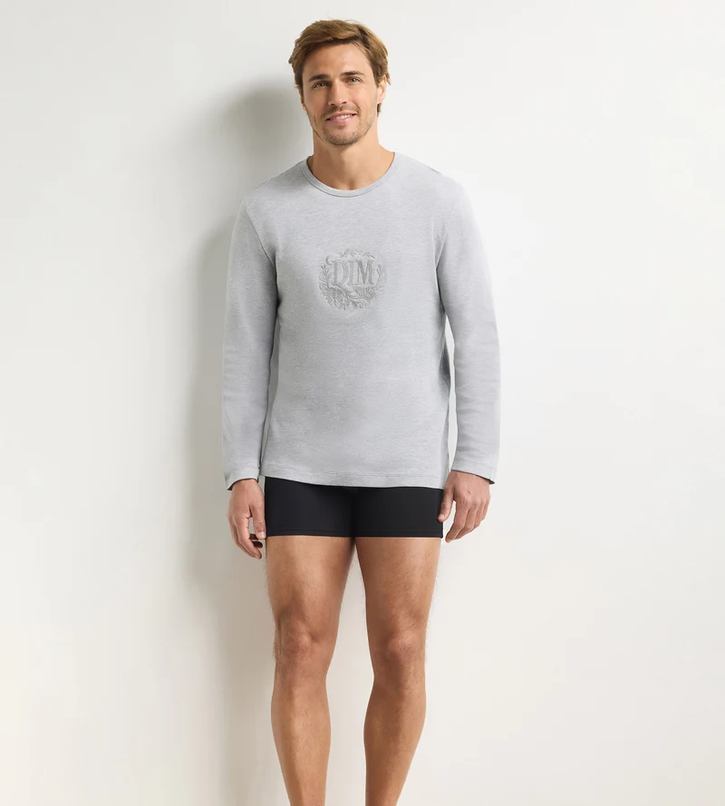 Langàrmliges Herren-T-shirt mit Rundhalsausschnitt aus Dim Interlock in Grau meliert
