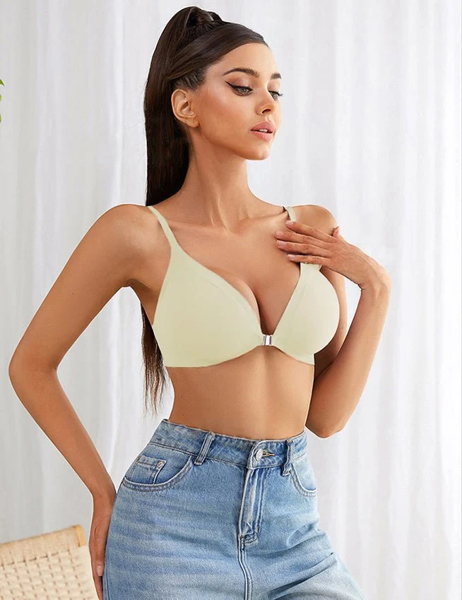 Beigefarbener, nahtloser, bügelloser BH mit Magnetverschluss vorne