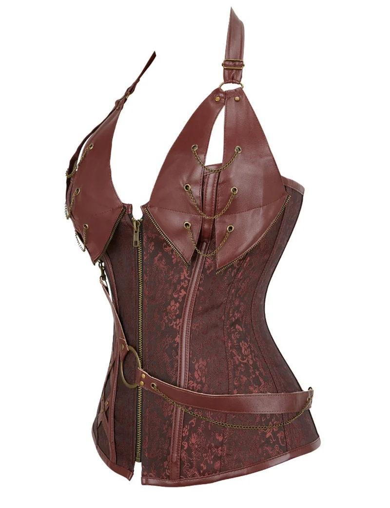 Neckholder-Body aus kaffeefarbenem Kunstleder – Ketten, Nieten & 14 weiche Stäbchen
