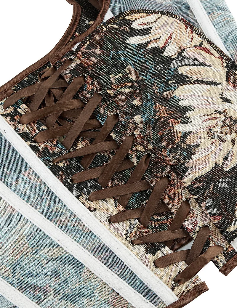 Weste mit Jacquardmuster – 13 weiche Stäbchen, Kreuzschnürung und Seidenriemen