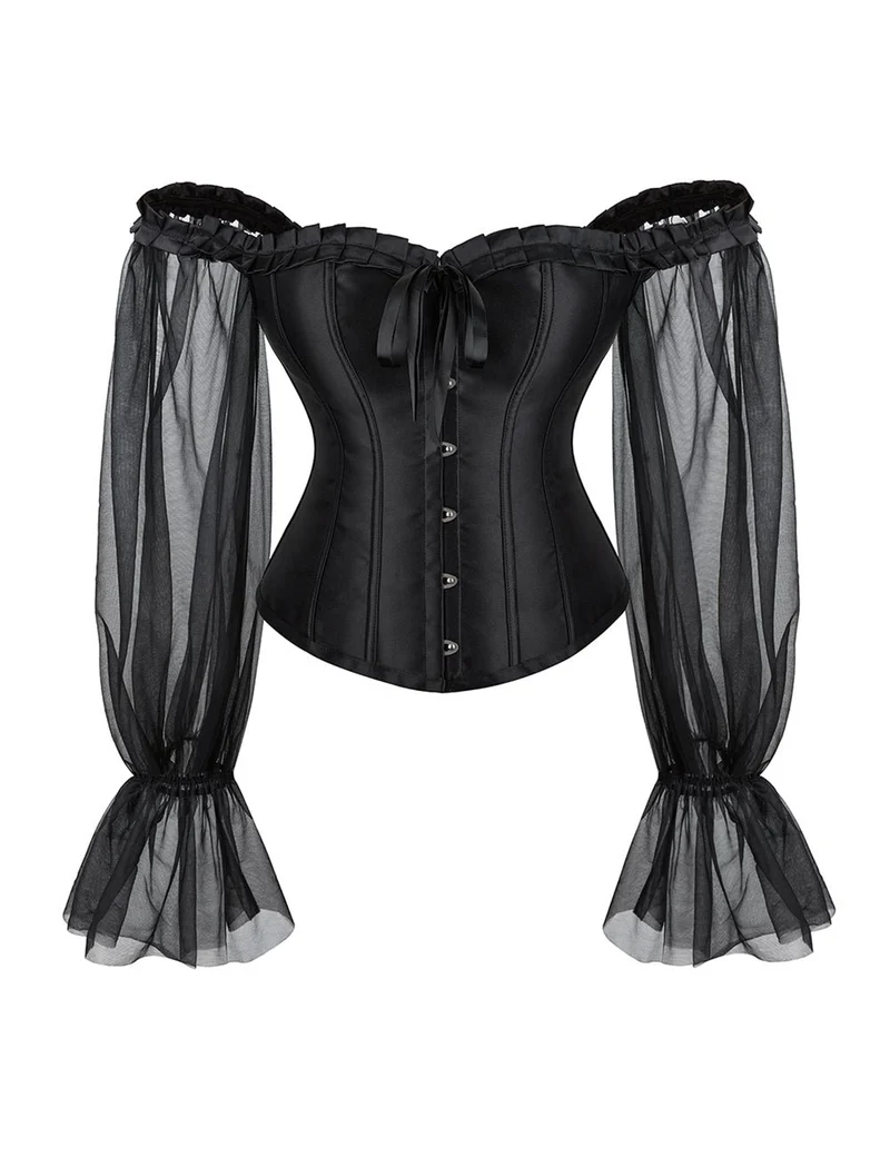 Schwarzes One-Shoulder-Korsett mit Laternenärmel und Stahlstäbchen