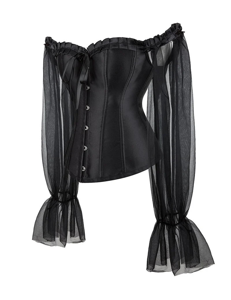 Schwarzes One-Shoulder-Korsett mit Laternenärmel und Stahlstäbchen