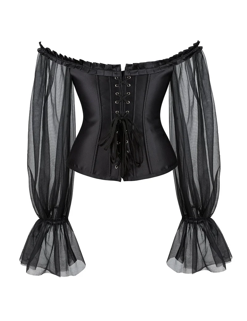 Schwarzes One-Shoulder-Korsett mit Laternenärmel und Stahlstäbchen