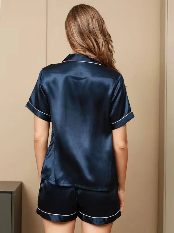 Smaragdgrünes, kurzärmeliges, einfarbiges Freizeit-Pyjama-Set aus echter Seide