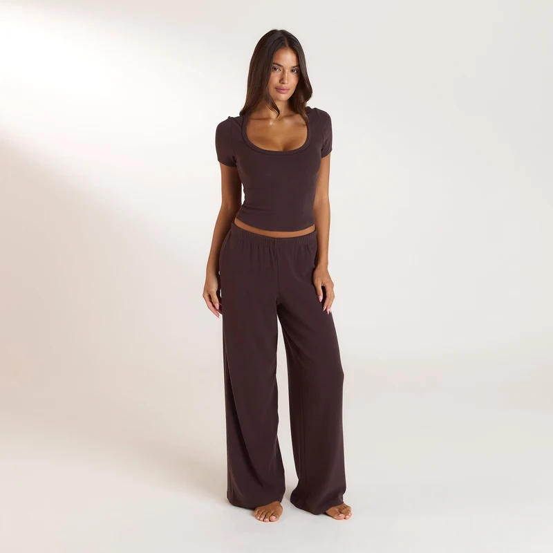 Ribbed Short-Sleeve Pyjama Top - Dark Chocolate