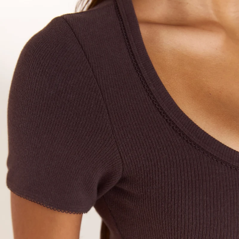Ribbed Short-Sleeve Pyjama Top - Dark Chocolate