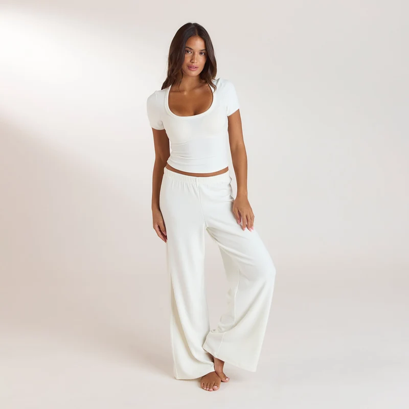 Ribbed Short-Sleeve Pyjama Top - Cream