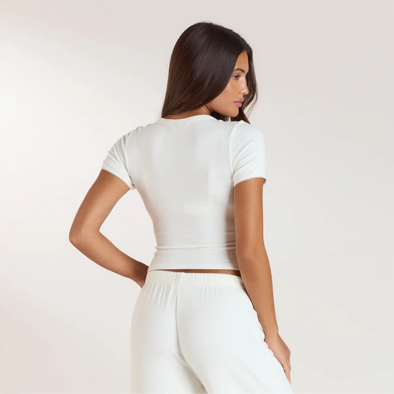 Ribbed Short-Sleeve Pyjama Top - Cream