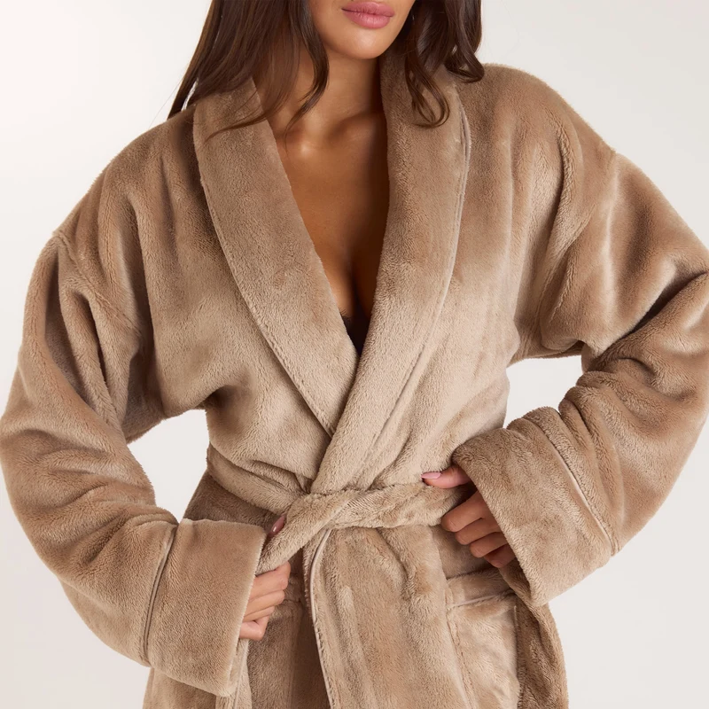 Long Fluffy Dressing Gown - Beige