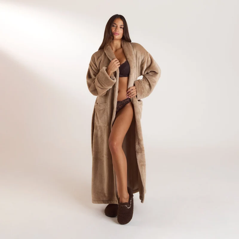 Long Fluffy Dressing Gown - Beige
