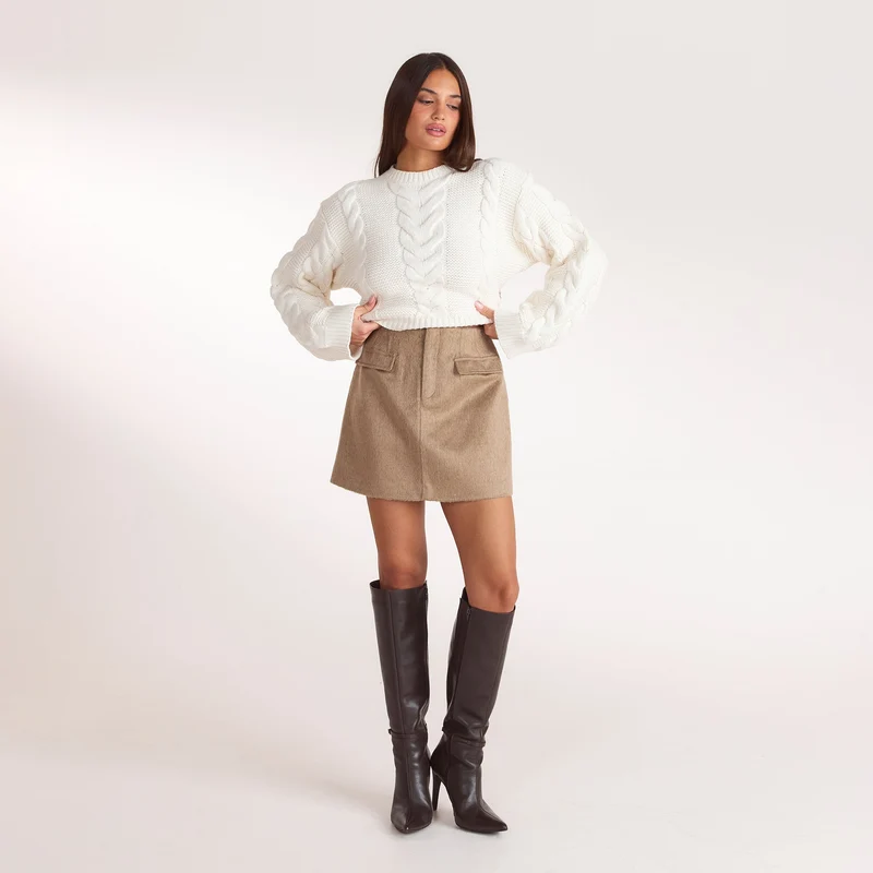 Woven A-Line Mini Skirt - Biscuit