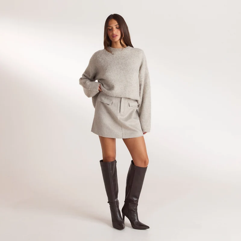Woven A-Line Mini Skirt - Warm Grey