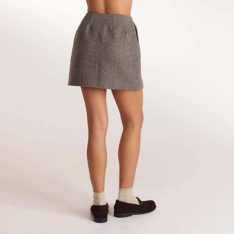 Herringbone A-Line Mini Skirt - Brown