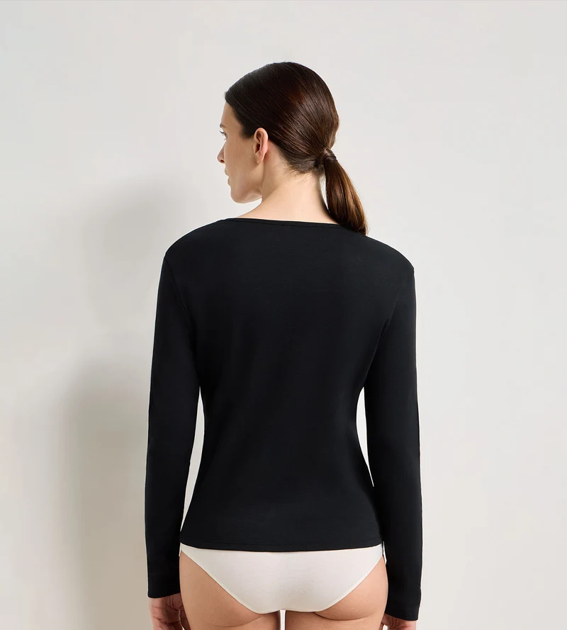 Langärmeliger Body aus schwarzer, aufgerauter Baumwolle aus der Thermal-Kollektion